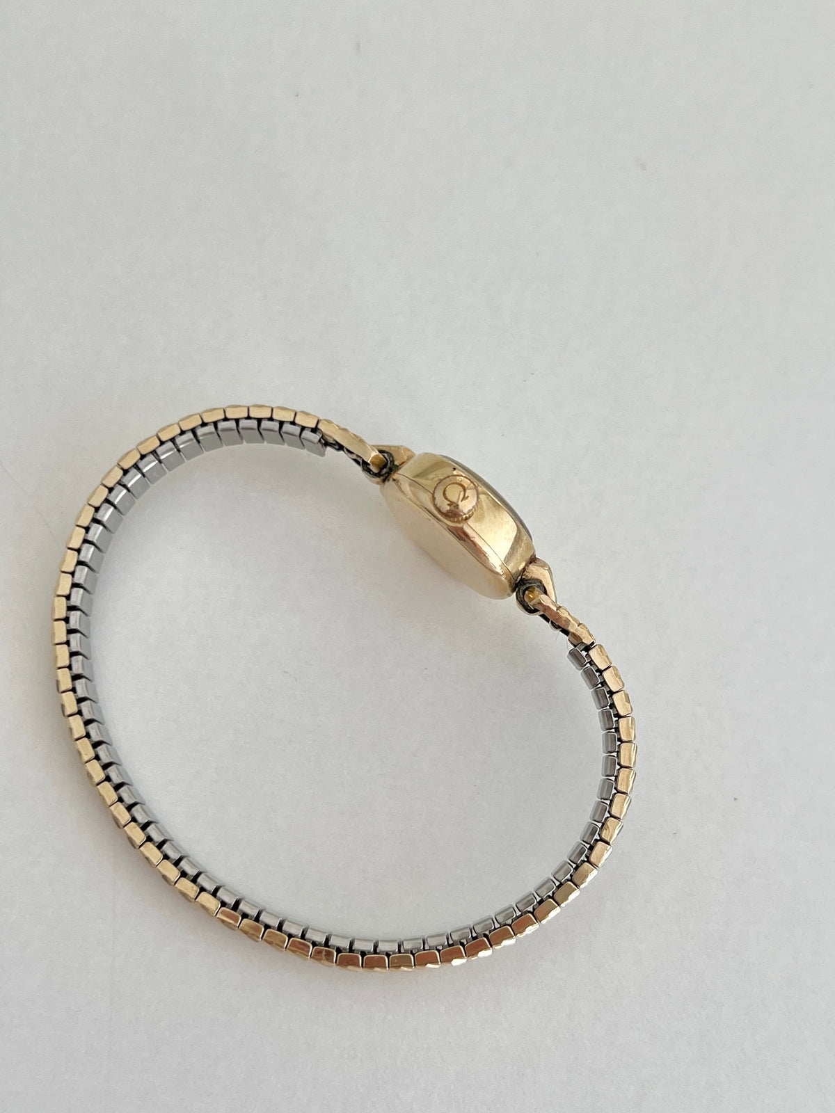 Omega Gold Bracelet Cocktail Watch, bracelet detail of a vintage women's watch at Gilded Hour.