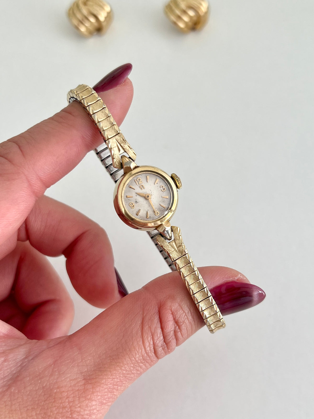 Omega Gold Bracelet Cocktail Watch, bracelet detail of a vintage women's watch at Gilded Hour.