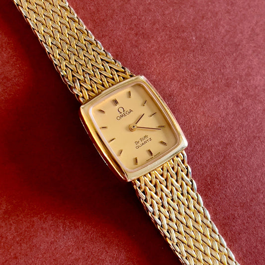Omega Gold Toned De Ville Woman's Watch with Mesh Bracelet, bracelet detail of a vintage women's watch at Gilded Hour.