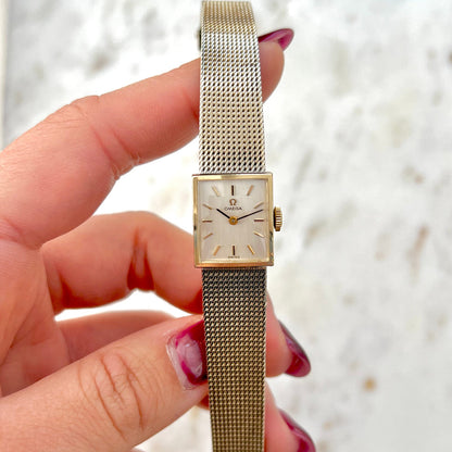Omega Rectangular 14k Gold Filled Mesh Bracelet Watch, wrist shot of a vintage women's watch at Gilded Hour.