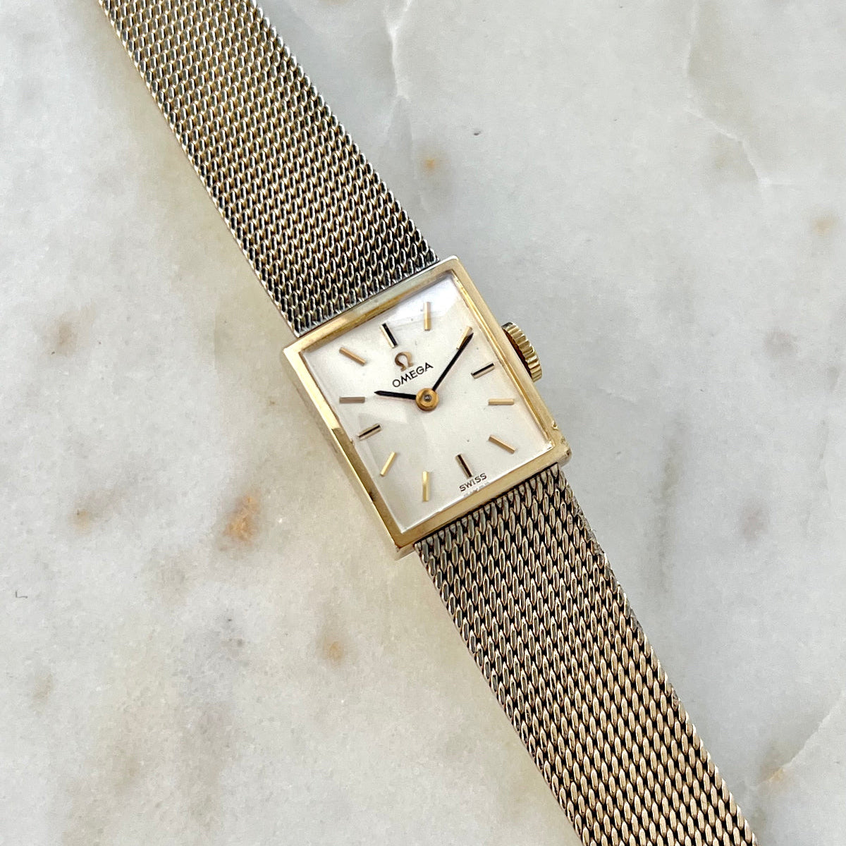 Omega Rectangular 14k Gold Filled Mesh Bracelet Watch, dial close up of a vintage women's watch at Gilded Hour.
