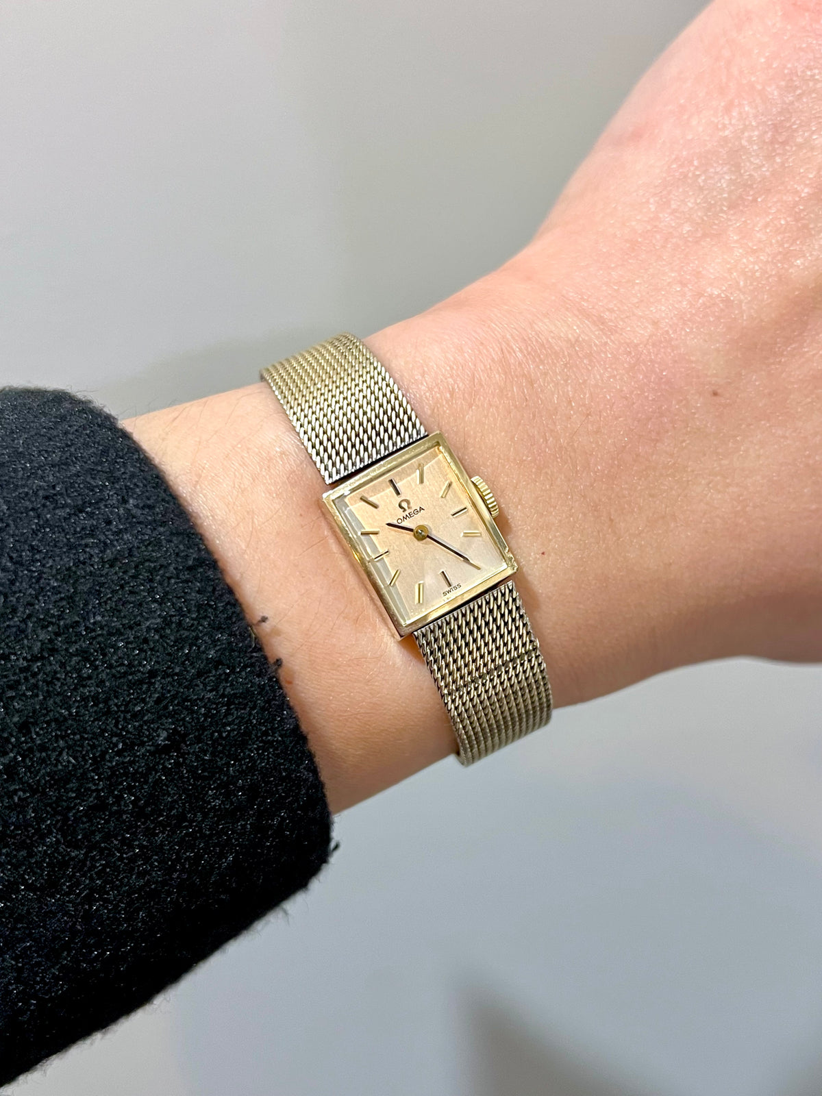 Omega Rectangular 14k Gold Filled Mesh Bracelet Watch, bracelet detail of a vintage women's watch at Gilded Hour.