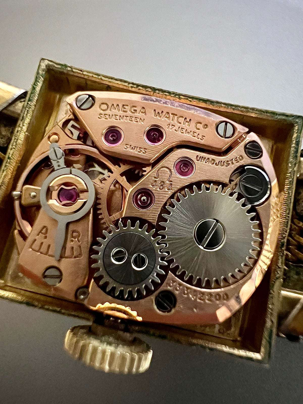 Omega Rectangular 14k Gold Filled Mesh Bracelet Watch, bracelet detail of a vintage women's watch at Gilded Hour.