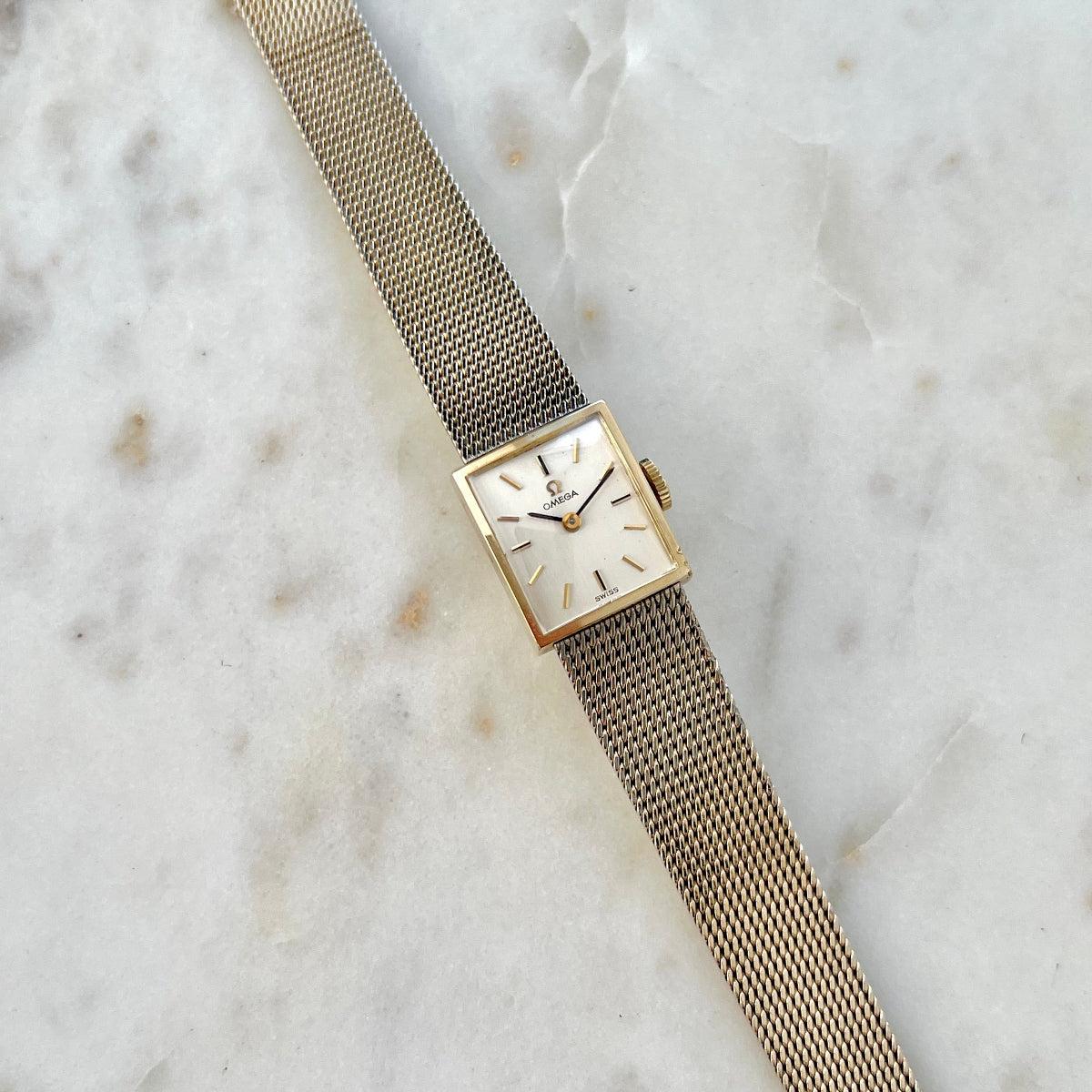 Omega Rectangular 14k Gold Filled Mesh Bracelet Watch, dial close up of a vintage women's watch at Gilded Hour.