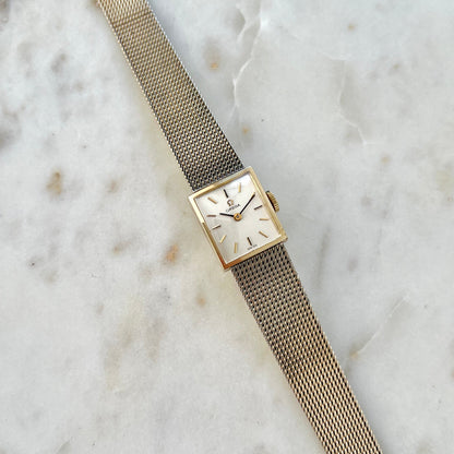 Omega Rectangular 14k Gold Filled Mesh Bracelet Watch, dial close up of a vintage women's watch at Gilded Hour.