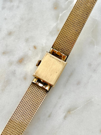 Omega Rectangular 14k Gold Filled Mesh Bracelet Watch, bracelet detail of a vintage women's watch at Gilded Hour.