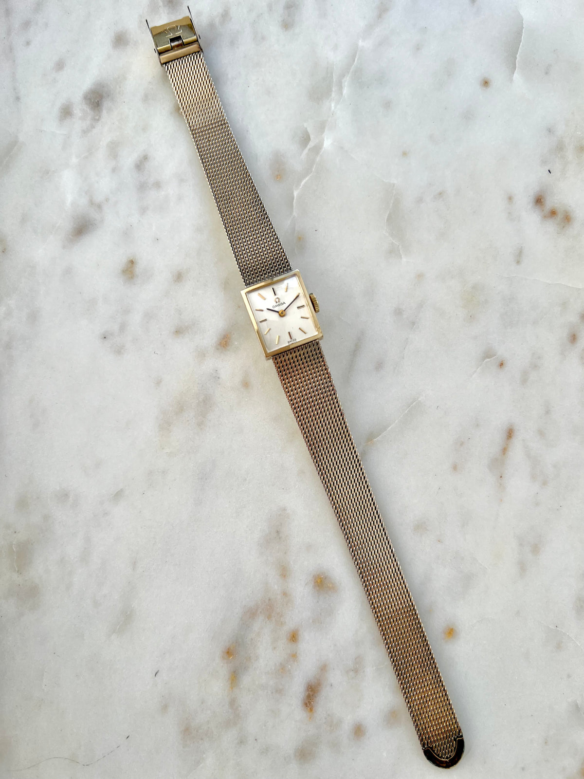 Omega Rectangular 14k Gold Filled Mesh Bracelet Watch, bracelet detail of a vintage women's watch at Gilded Hour.