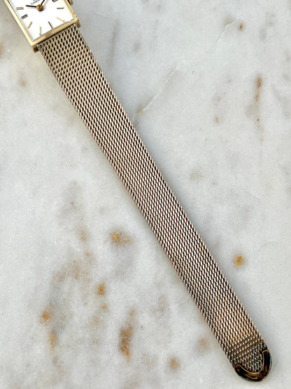 Omega Rectangular 14k Gold Filled Mesh Bracelet Watch, bracelet detail of a vintage women's watch at Gilded Hour.