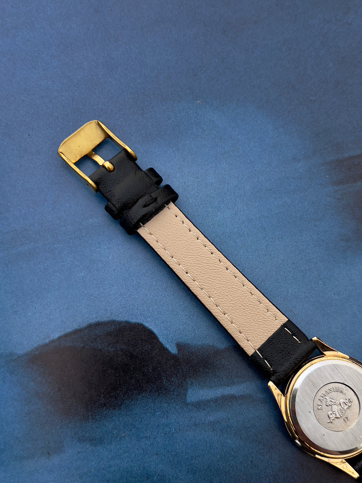 Detail of the champagne dial on the Omega Seamaster.