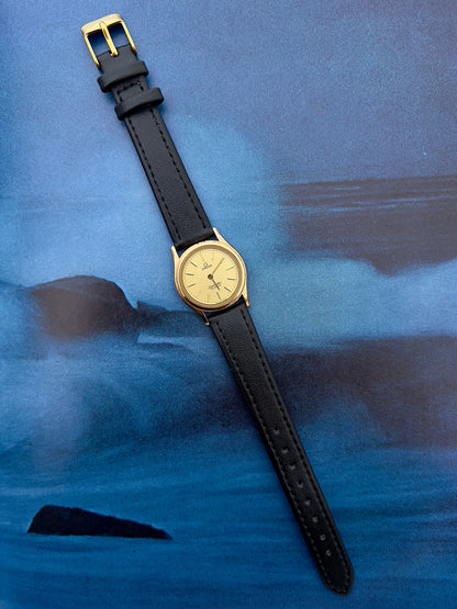 Omega Seamaster champagne dial watch shown on a wrist.