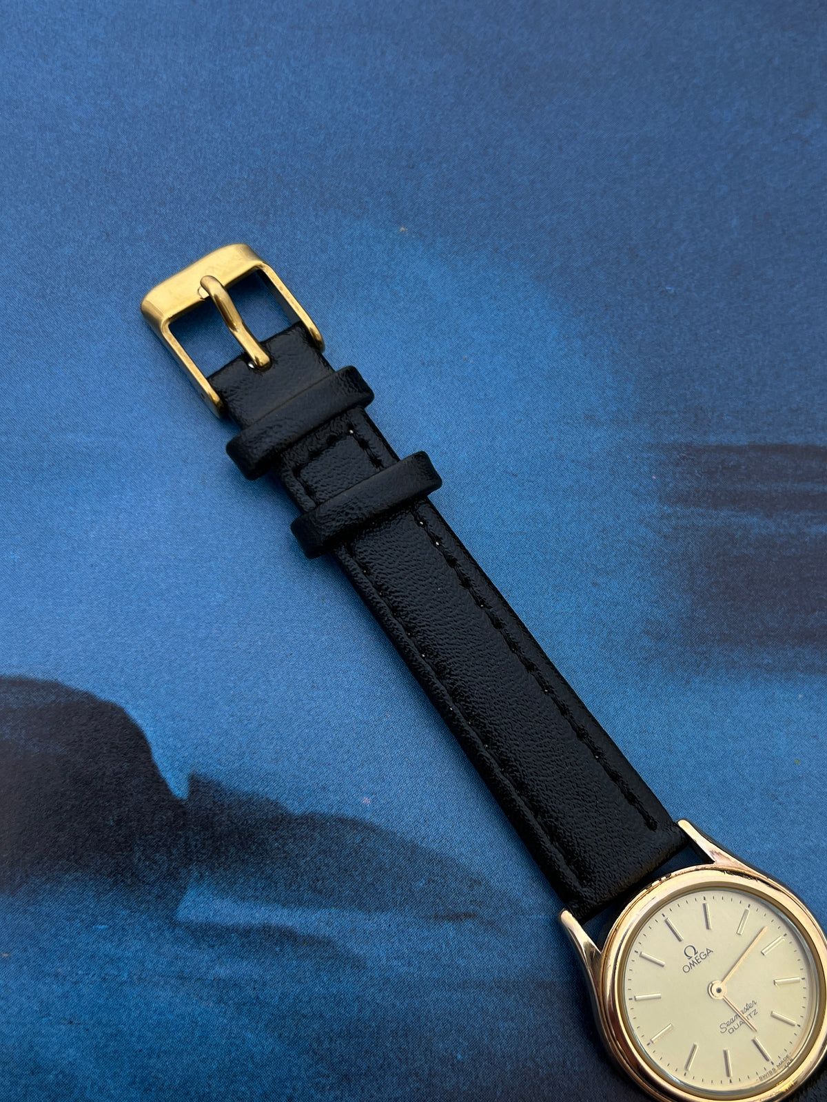 Omega Seamaster gold watch shown on a wrist.
