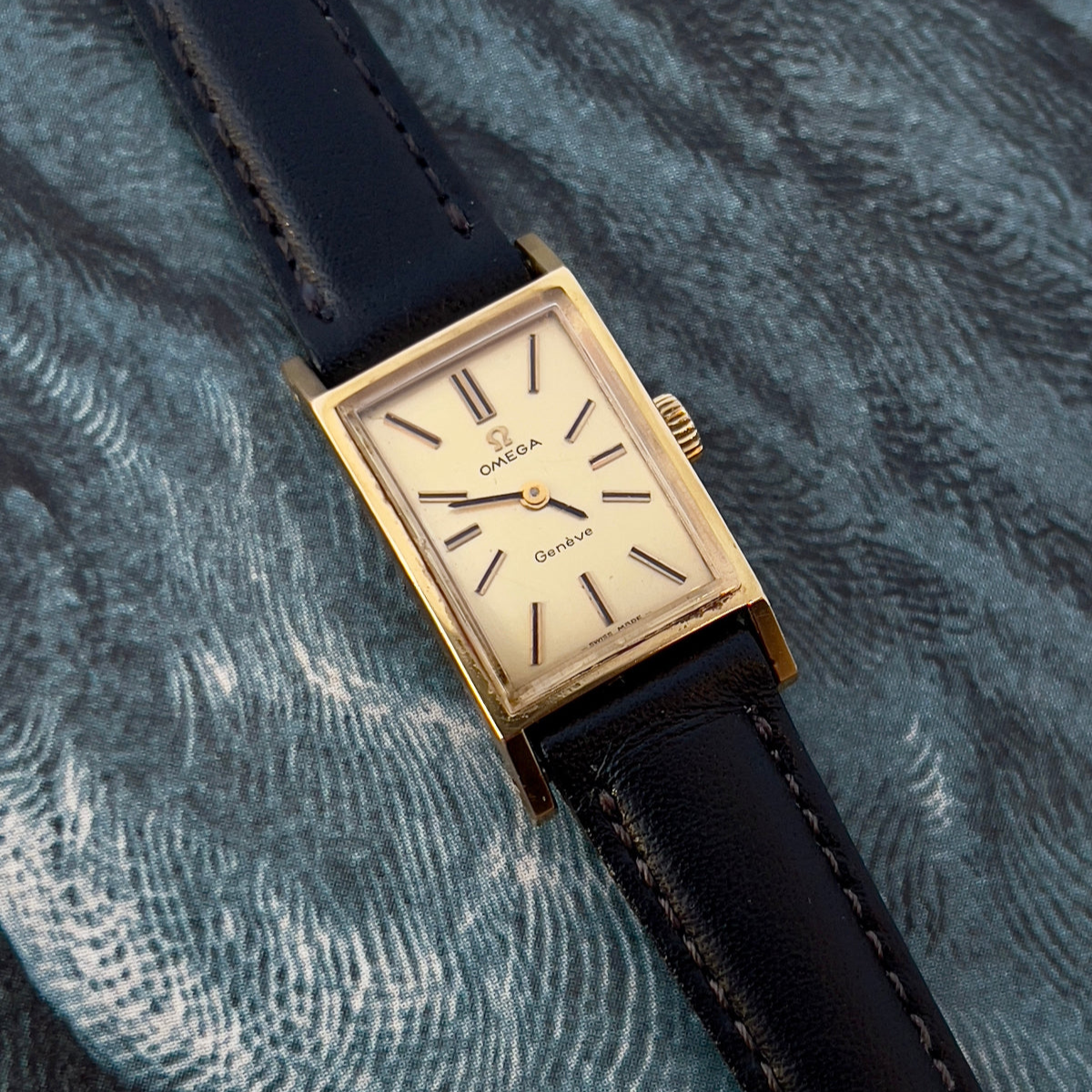 Omega Tank Gold Toned Woman's Watch, wrist shot of a vintage women's watch at Gilded Hour.
