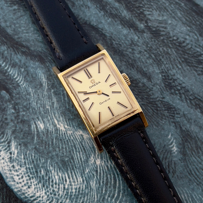 Omega Tank Gold Toned Woman's Watch, wrist shot of a vintage women's watch at Gilded Hour.