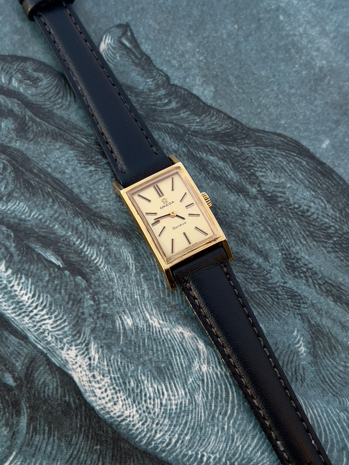 Omega Tank Gold Toned Woman's Watch, dial close up of a vintage women's watch at Gilded Hour.