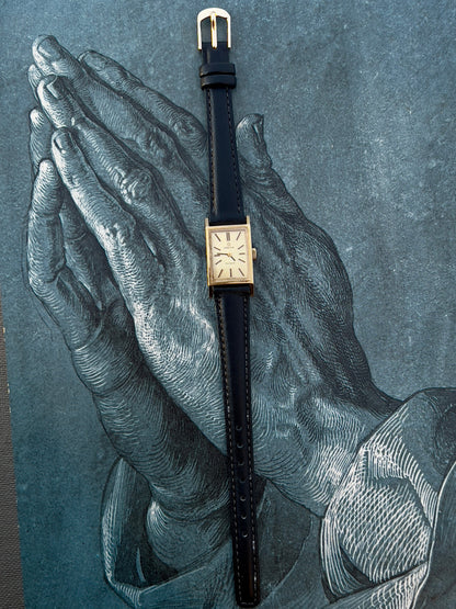 Omega Tank Gold Toned Woman's Watch, angled view of a vintage women's watch at Gilded Hour.