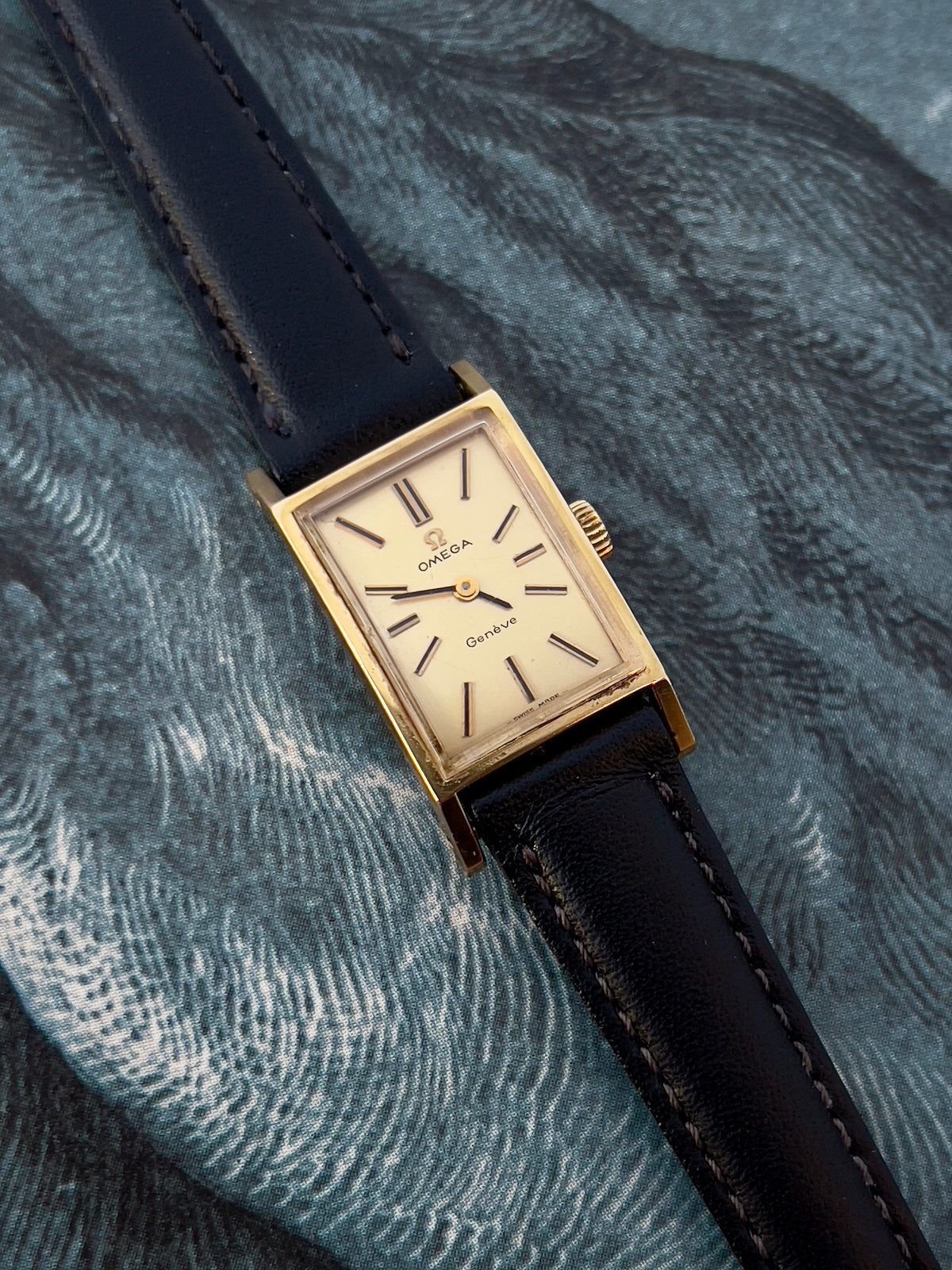 Omega Tank Gold Toned Woman's Watch, case profile of a vintage women's watch at Gilded Hour.