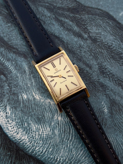 Omega Tank Gold Toned Woman's Watch, case profile of a vintage women's watch at Gilded Hour.