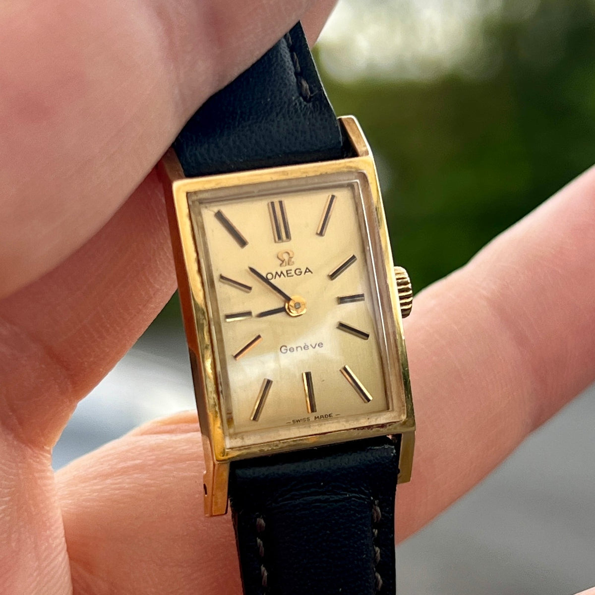 Omega Tank Gold Toned Woman's Watch, angled view of a vintage women's watch at Gilded Hour.
