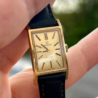 Omega Tank Gold Toned Woman's Watch, angled view of a vintage women's watch at Gilded Hour.