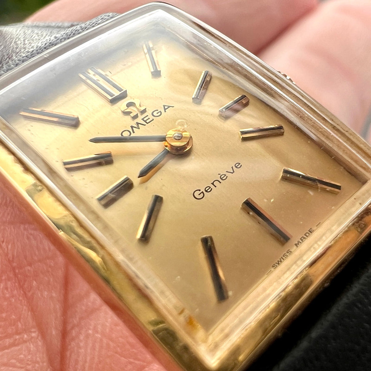 Omega Tank Gold Toned Woman's Watch, dial close up of a vintage women's watch at Gilded Hour.