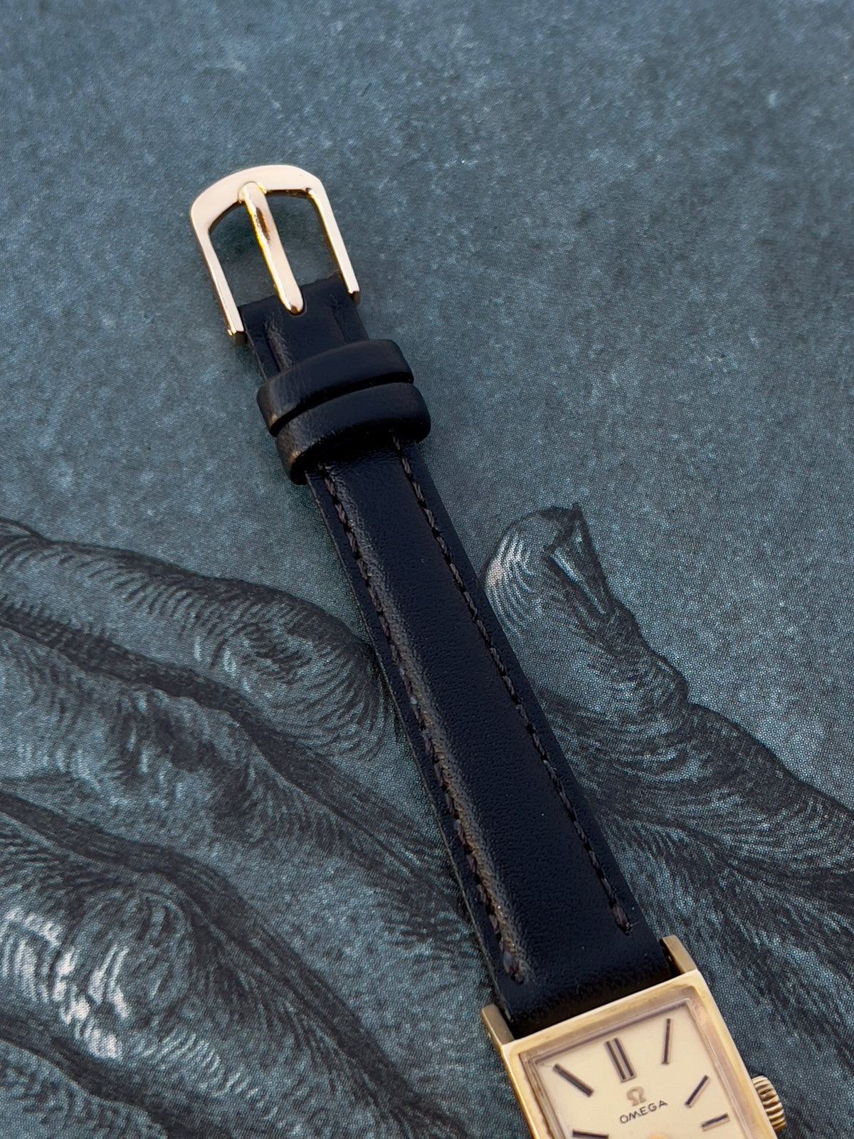 Omega Tank Gold Toned Woman's Watch, box set of a vintage women's watch at Gilded Hour.