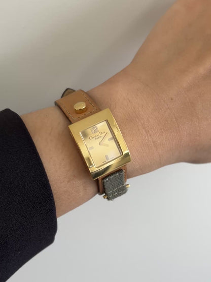 Christian Dior Malice Gold Square Watch with Tan Strap
