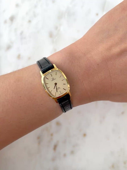 Omega De Ville Tonneau Women's Watch in Gold Tone on Black Leather