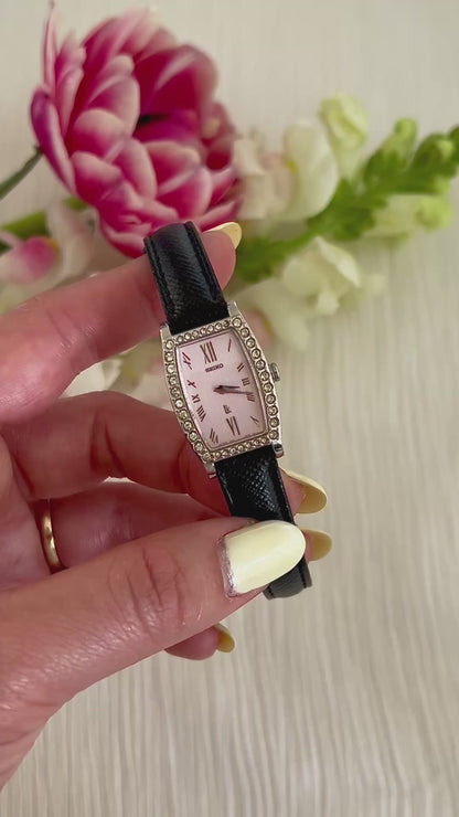 Seiko Lukia Ladies Tonneau Watch with Diamond Set Bezel and Textured Pink Dial Limited Edition