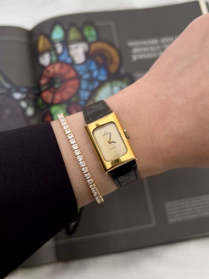 Omega De Ville Ladies Gold Rectangular Watch with Chequered Dial