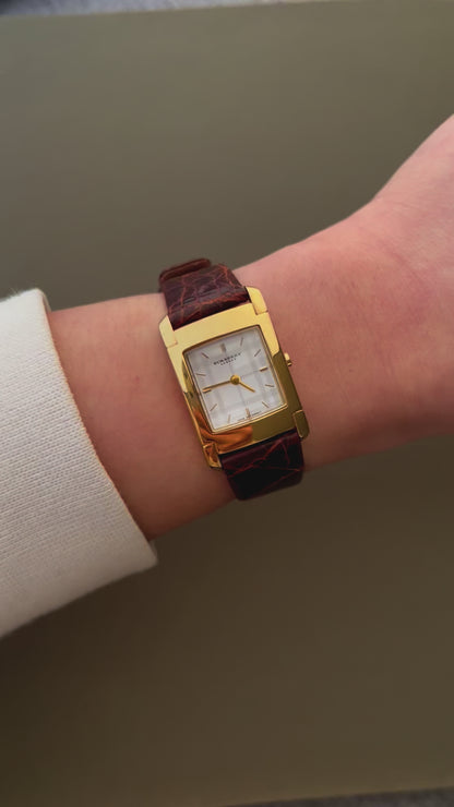 Burberry London Rectangular Gold Woman's Watch with Croc-Embossed Strap