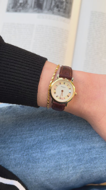 Burberry Gold Watch with Mother of Pearl Dial & Engraved Check Pattern