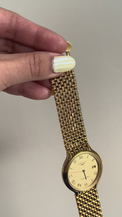 Longines Cosmopolitan Unisex Gold Toned Watch with Sculpted Mesh Bracelet