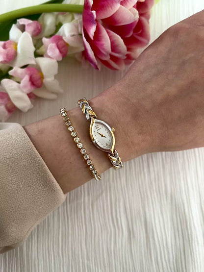 Seiko Ladies Teardrop Watch with Two Tone Leaf Link Bracelet and White Dial