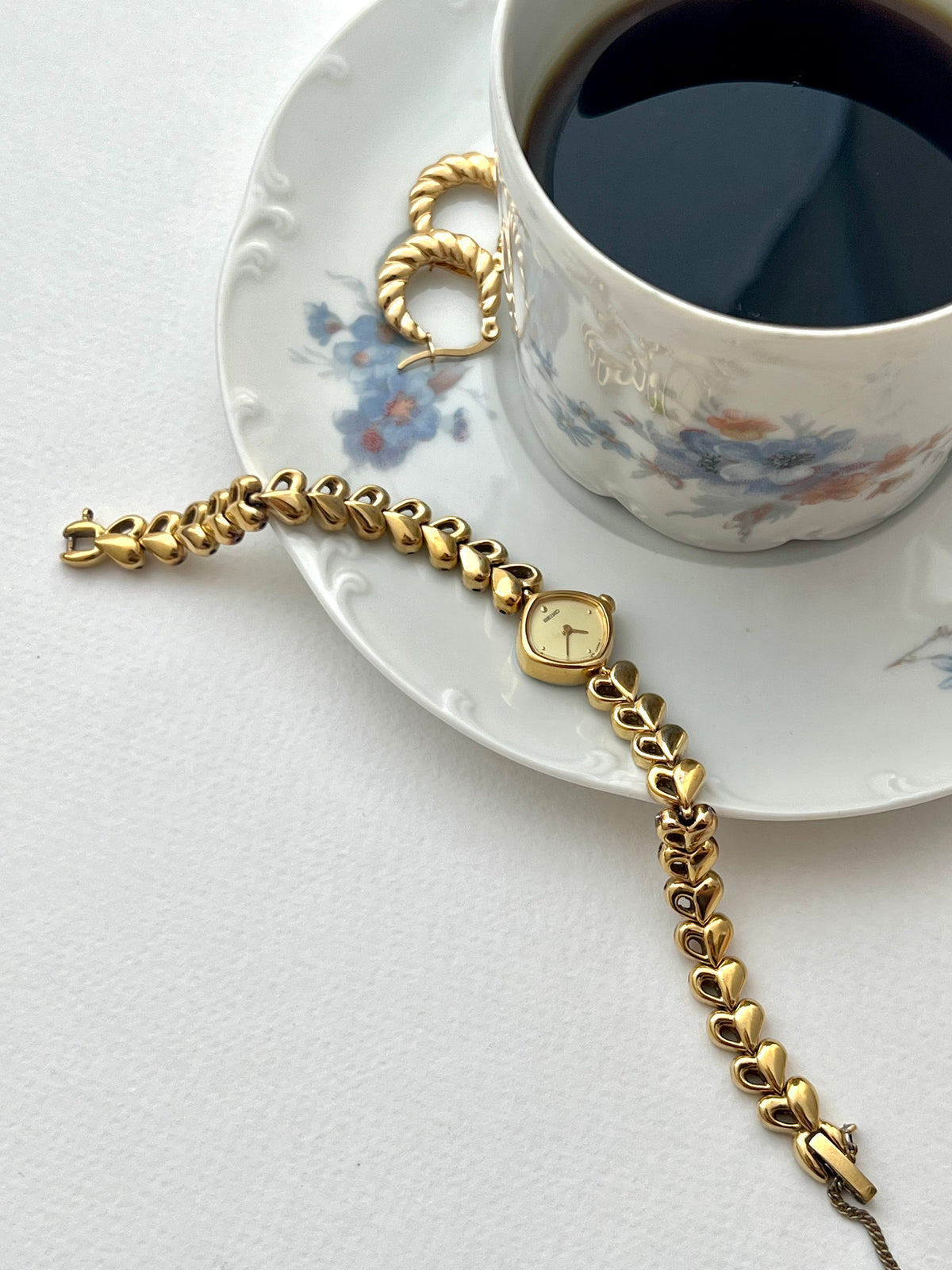 Seiko Gold Toned Women's Watch with Hearts Bracelet, box set of a vintage women's watch at Gilded Hour.