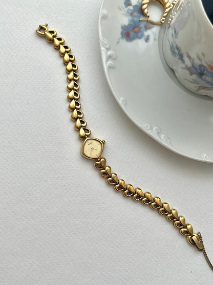 Seiko Gold Toned Women's Watch with Hearts Bracelet, dial close up of a vintage women's watch at Gilded Hour.
