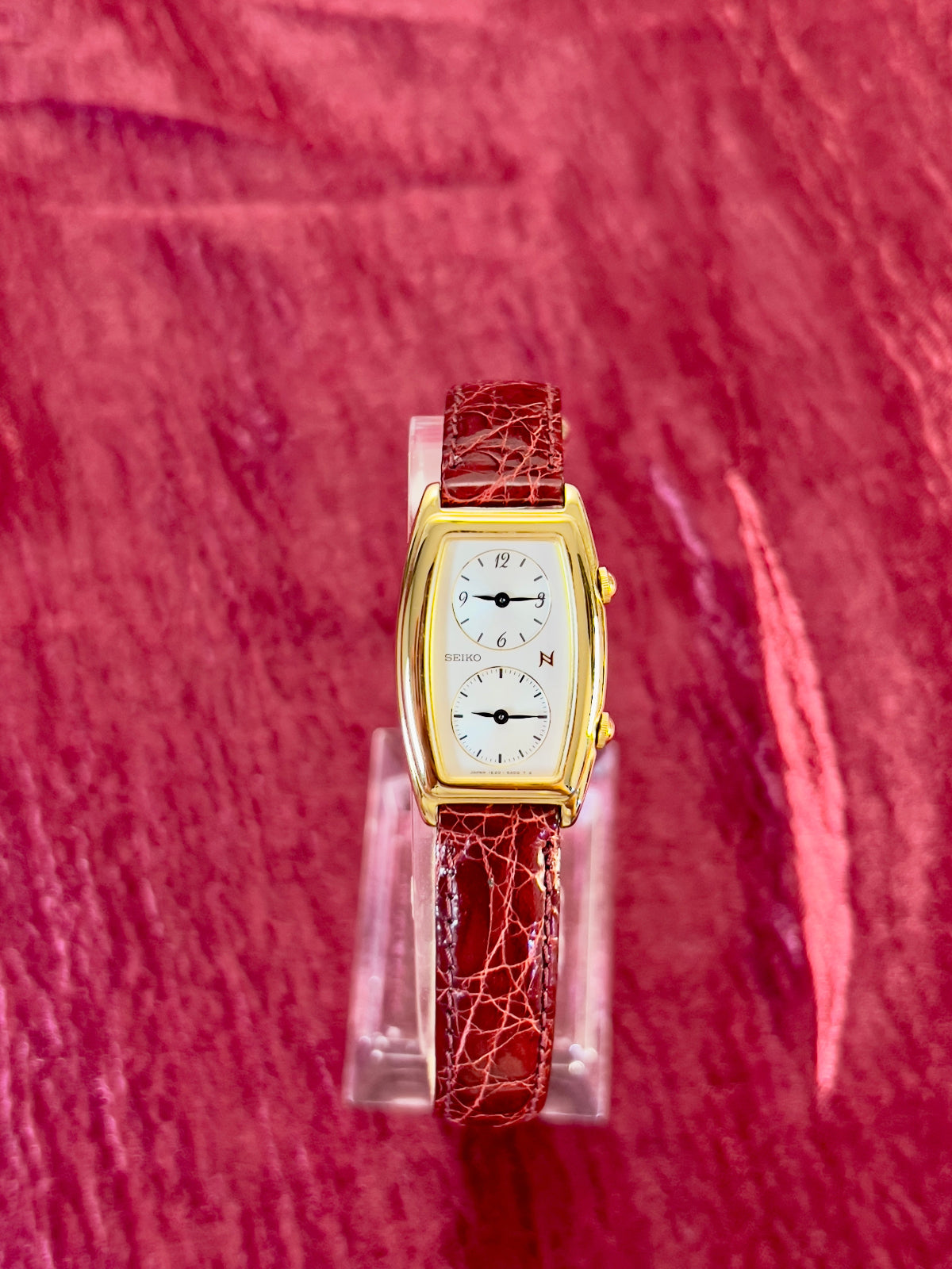 Seiko Dual Time Gold Tone Burgundy Strap Women's Watch — product photograph 2
