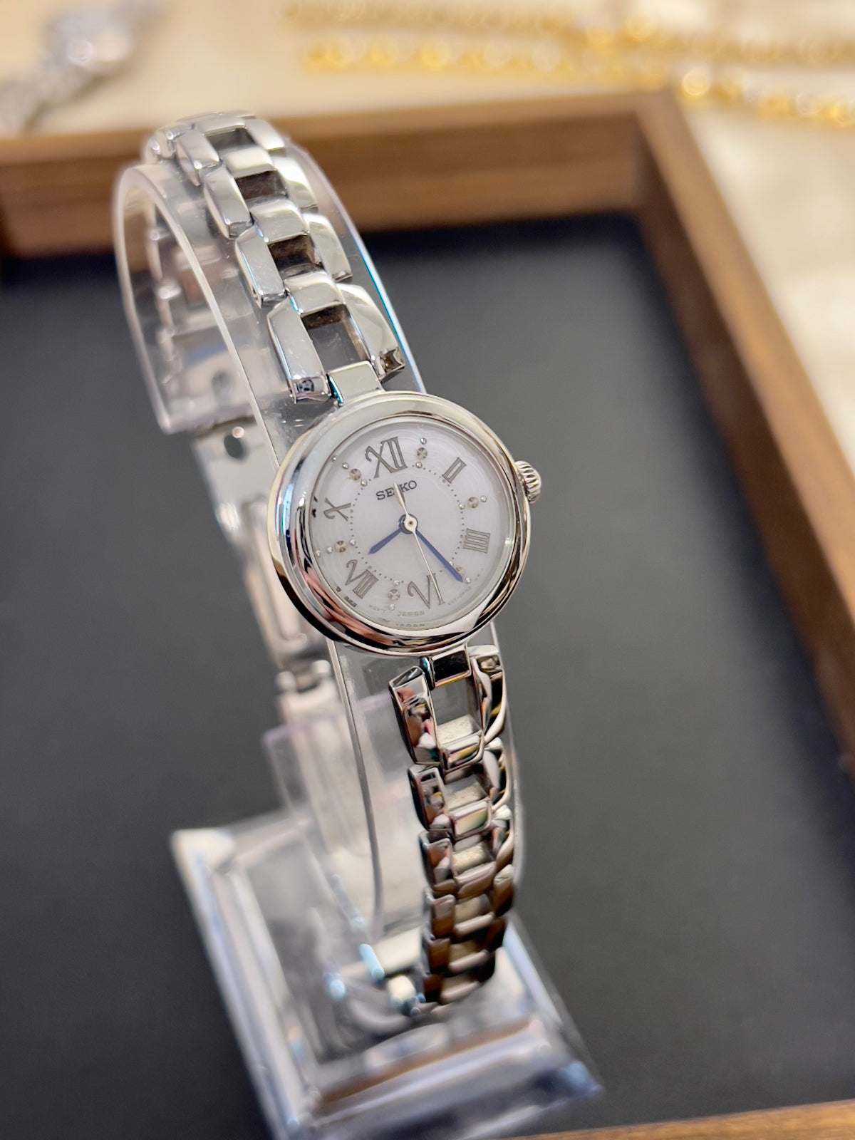 Seiko Tissé Solar White Dial Blue Hands Women's Watch — product photograph 3