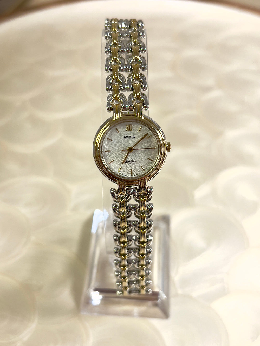 Seiko Belfina Linen Dial Two Tone Women's Watch — product photograph 3, Gilded Hour NZ.
