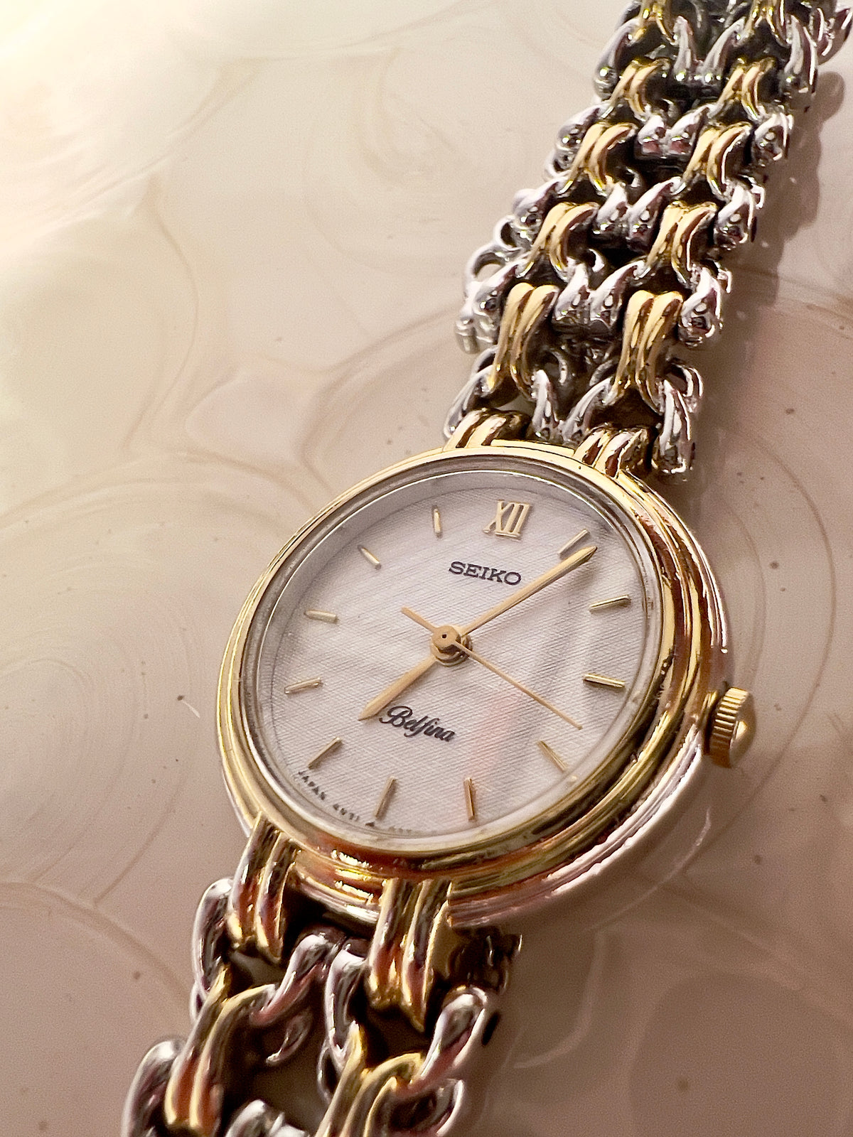 Seiko Belfina Linen Dial Two Tone Women's Watch — product photograph 5, Gilded Hour NZ.