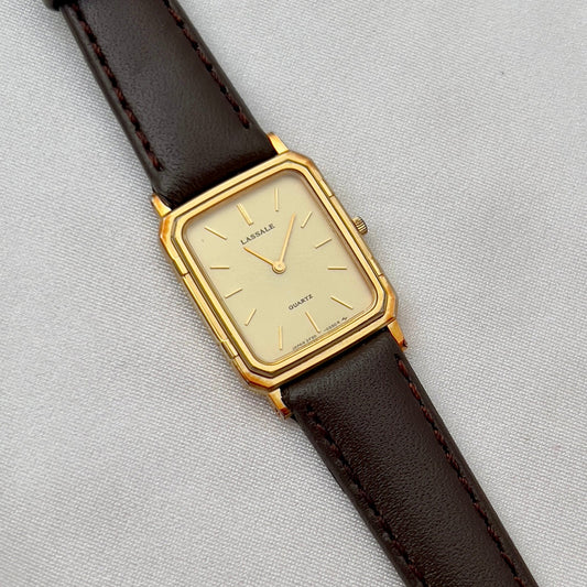 Seiko Lassale Gold Toned Tank Ladies Watch, case profile of a vintage women's watch at Gilded Hour.