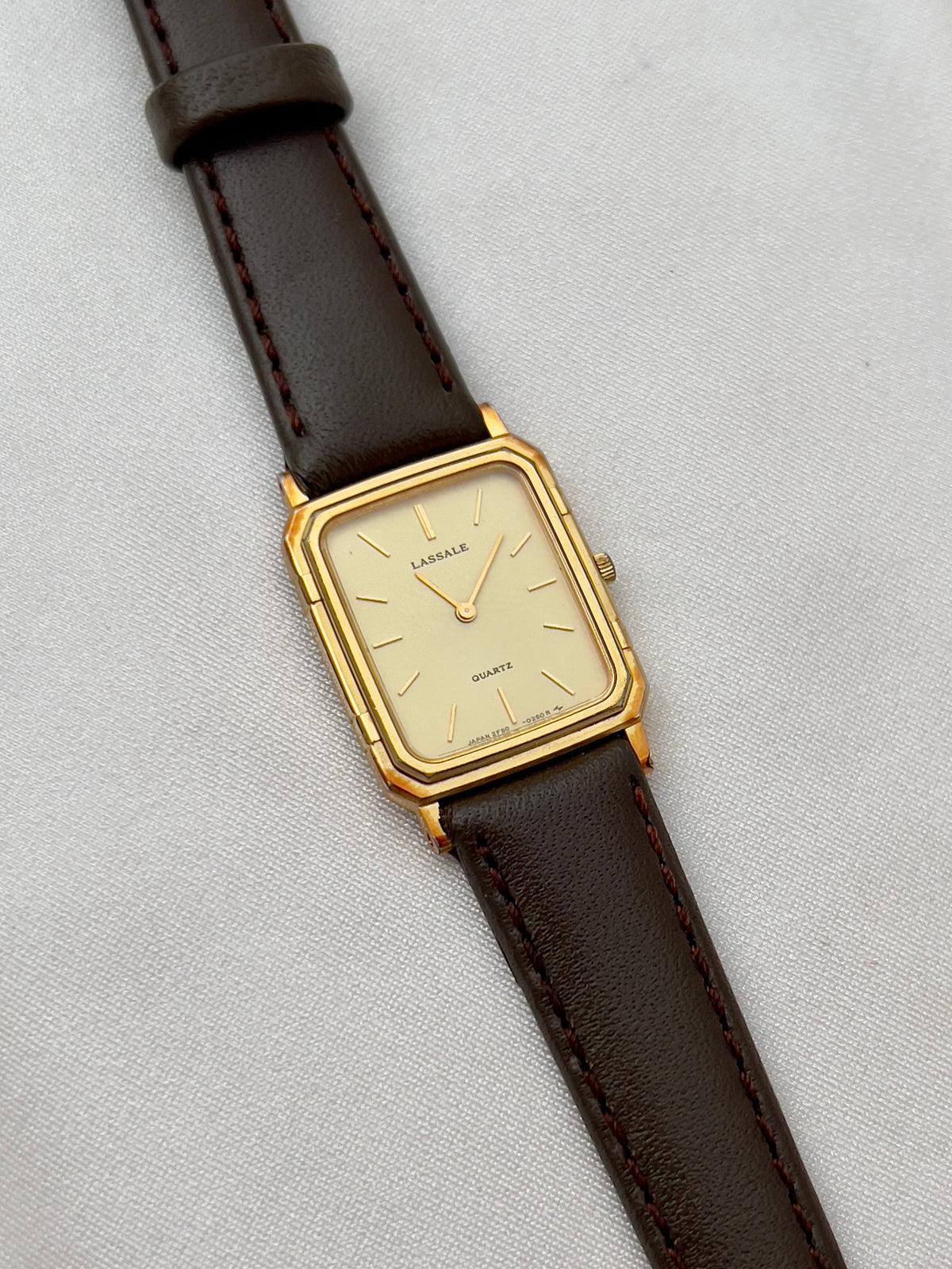Seiko Lassale Gold Toned Tank Ladies Watch, angled view of a vintage women's watch at Gilded Hour.