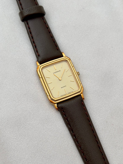 Seiko Lassale Gold Toned Tank Ladies Watch, angled view of a vintage women's watch at Gilded Hour.