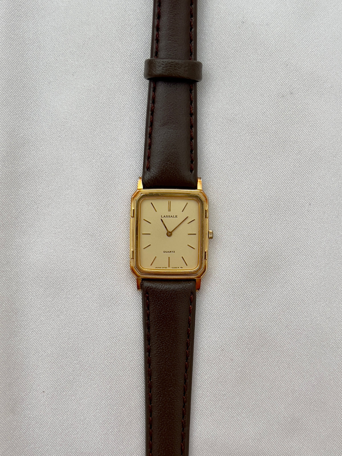 Seiko Lassale Gold Toned Tank Ladies Watch, wrist shot of a vintage women's watch at Gilded Hour.