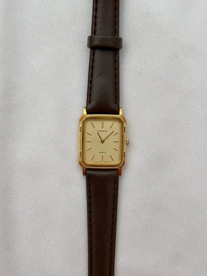 Seiko Lassale Gold Toned Tank Ladies Watch, wrist shot of a vintage women's watch at Gilded Hour.