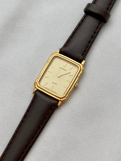 Seiko Lassale Gold Toned Tank Ladies Watch, bracelet detail of a vintage women's watch at Gilded Hour.