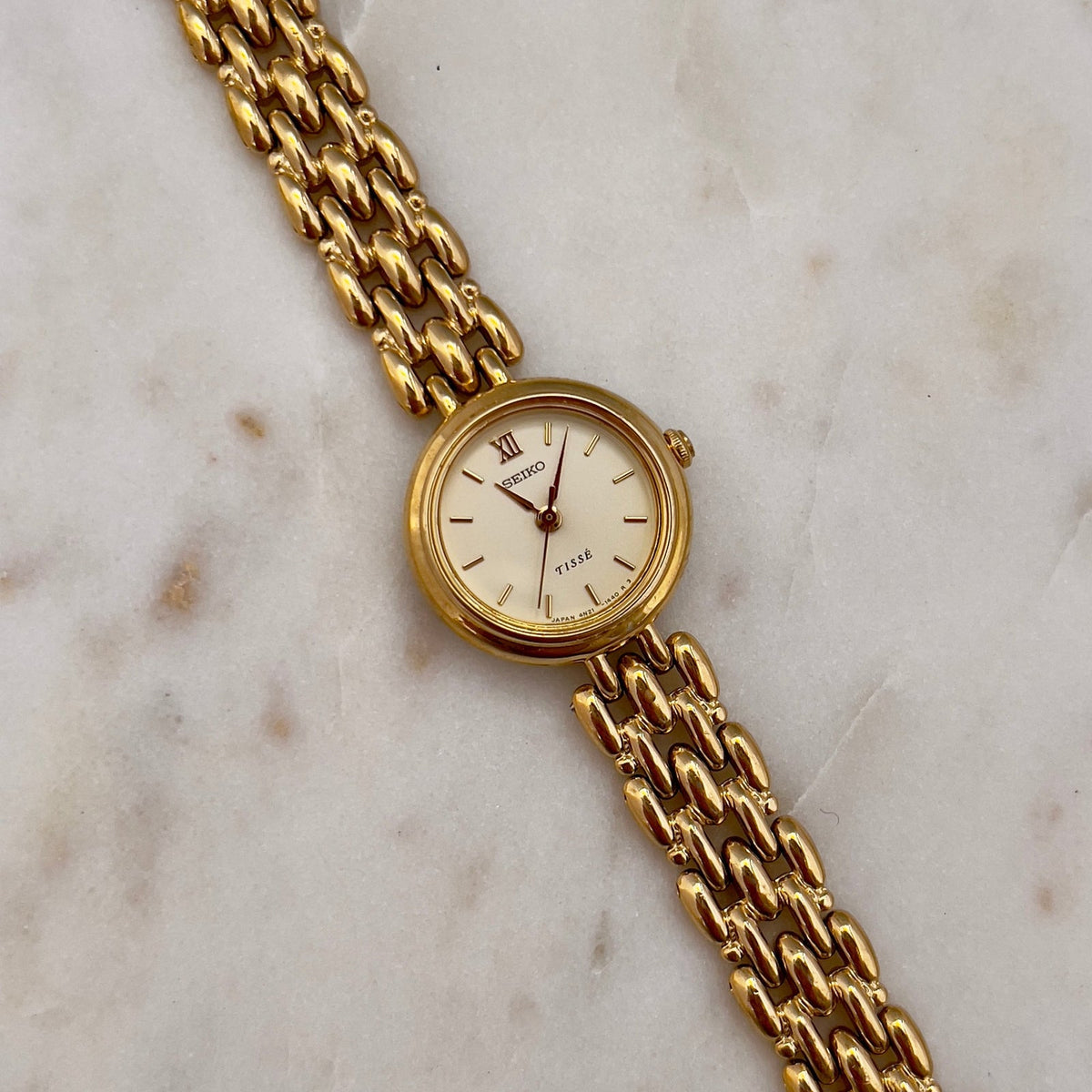 Seiko Tisse Gold Toned Women's Watch, bracelet detail of a vintage women's watch at Gilded Hour.