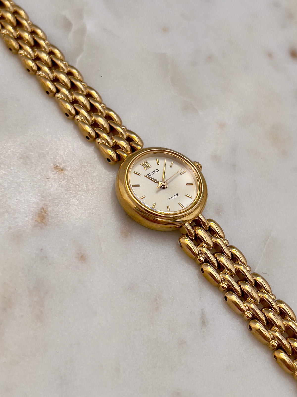 Seiko Tisse Gold Toned Women's Watch, dial close up of a vintage women's watch at Gilded Hour.