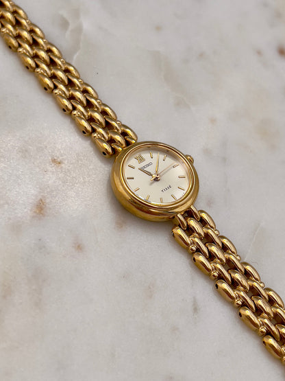Seiko Tisse Gold Toned Women's Watch, dial close up of a vintage women's watch at Gilded Hour.