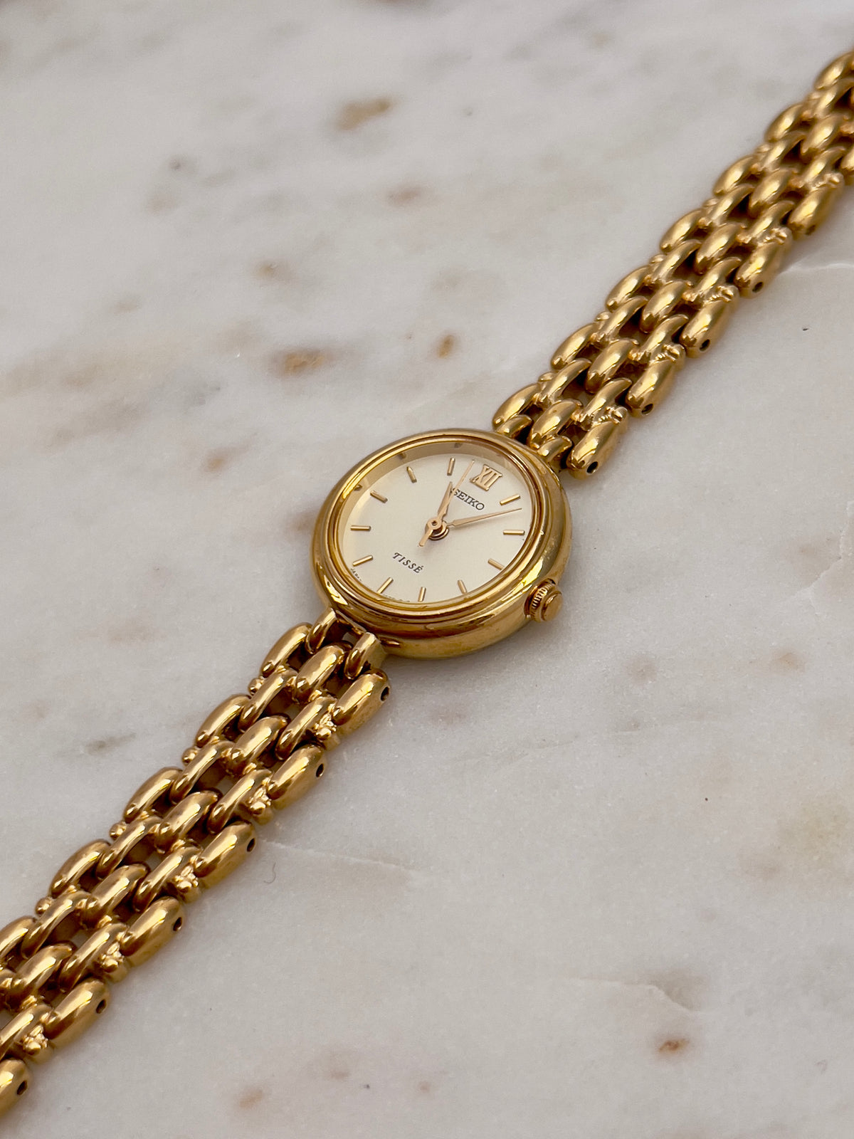 Seiko Tisse Gold Toned Women's Watch, angled view of a vintage women's watch at Gilded Hour.
