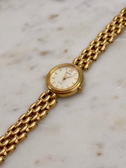 Seiko Tisse Gold Toned Women's Watch, angled view of a vintage women's watch at Gilded Hour.